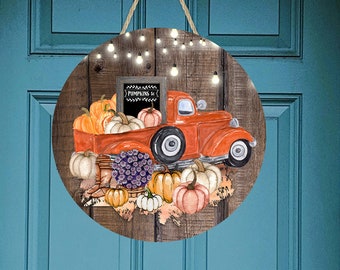 Round Sublimation Door Hanger Fall Wood Red Truck Pumpkins for 12.25" Circle Round Sublimation Blanks DIGITAL ONLY Sign PNG