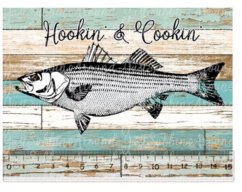 Sublimation Digital Cutting Board Fishing Design Striper Hookin and Cookin PNG Measurement Ruler Father's Day Camping Distressed Wood