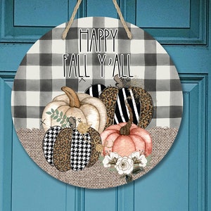 Round Sublimation Door Hanger Fall Buffalo Plaid Burlap Pumpkins Happy Fall Yall for 12.25 Circle Sublimation Blanks DIGITAL ONLY Sign PNG image 1