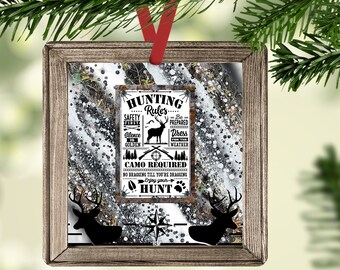 Square Christmas Ornament Faux Wood Frame Hunting Rules Hunting Ornament Sublimation Design PNG for Ornament Square Sublimation Blanks