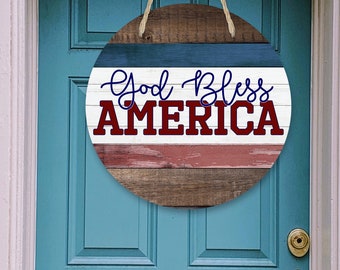 Round Door Hanger Faux Wood God Bless America Sublimation Design for 12.25" Hardboard Blank Digital Download PNG