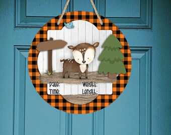 Round Birth Stat Baby Boy Deer Sublimation Design Orange Plaid para Aparecium Design CO Blanks Digital Download PNG Nursery Decor