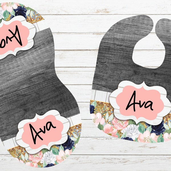 Sublimation Bib and Burp Cloth Baby Girl Design PNG Digital Navy Blush and Gold Floral Flowers for peanut burp cloth and velour bib PNG