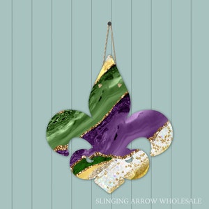 Fleur De Lis Door Hanger Sublimation Milkyway Gold Purple Green Glitter Mardi Gras Design for Slinging Arrow Blanks PNG Digital Design