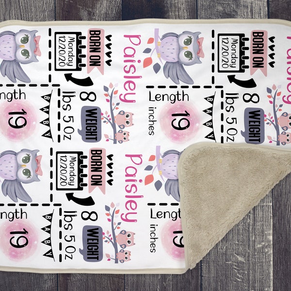 Baby Blanket Sublimation Template PNG Template Text Girl Owl Theme Birth Stat 13x19 panel with birth stats DIGITAL template PNG
