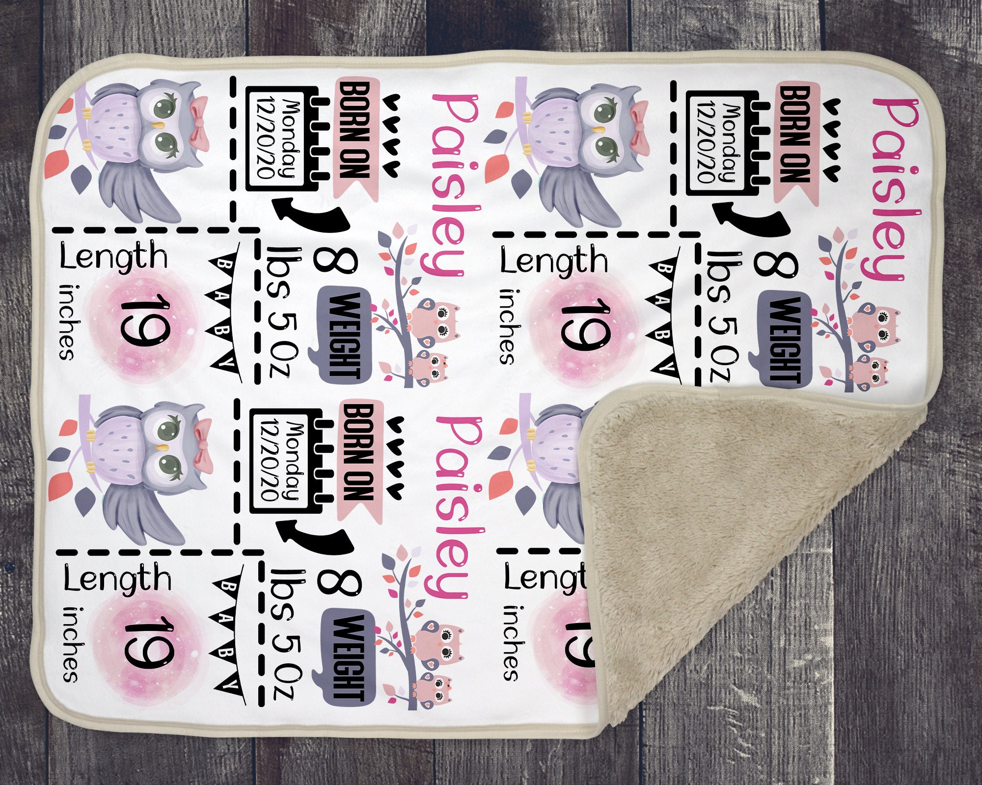 Baby Blanket Sublimation Template PNG Template Text Girl Owl Theme Birth Stat 13x19 Panel With Birth Stats DIGITAL Template PNG Etsy