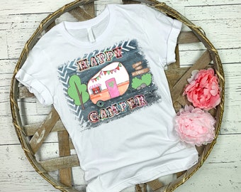 Happy Camper Sublimation t shirt Digital Design PNG Retro Camper Marquee Letters with faux wood background Instant Download Camping Trailer