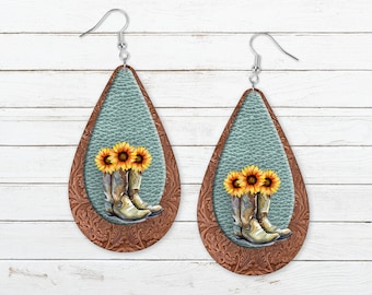Tear Drop Earring Sublimation Cowboy boots and sunflowers Faux Leather Layered Design for Aparecium Design Co Blanks Digital Download PNG
