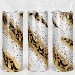 20 oz Skinny Tumbler White Glitter Leopard Milkyway Background Sublimation Design Digital Download PNG Warp and Straight