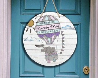 Round Sublimation Door Hanger Baby Girl Elephant Blank for Personalization for 12 inch hardboard Circle Blank Ashley Dodd Birth Stat white