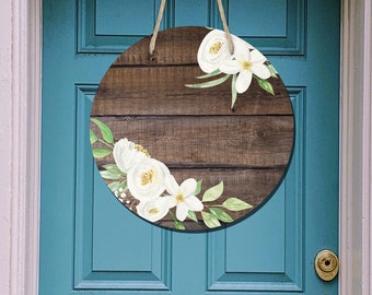 Round Door Hanger Sublimation Design White Floral Faux Wood Design for Aparecium Design CO Blanks Digital Download PNG