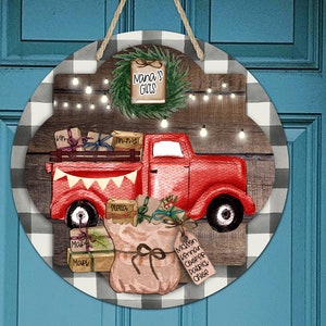 Round Sublimation Door Hanger Red Truck Plaid Christmas Gifts Personalize for 12.25" Circle Round Sublimation Blanks DIGITAL ONLY Sign PNG