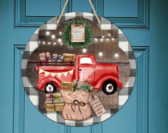 Round Sublimation Door Hanger Red Truck Plaid Christmas Gifts Personalize for 12.25" Circle Round Sublimation Blanks DIGITAL ONLY Sign PNG