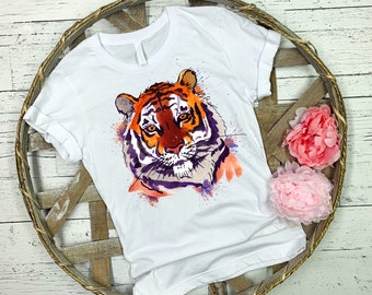 Watercolor Tiger Purple and Orange Watercolor Splashes Sublimation PNG Digital Design Instant Download File Sports Easy Tiger
