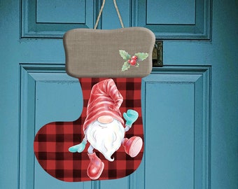 Christmas Stocking Door Hanger Sublimation Christmas Plaid Stocking Gnome Hardboard Blanks PNG Digital Design Only Instant Download