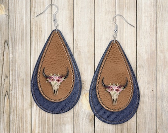 Tear Drop Earring Sublimatie Denim en Faux Leather Layered Design voor Aparecium Design Co Blanks Digital Download PNG