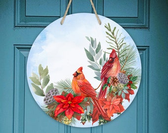 Round Door Hanger Christmas Cardinals Floral and Pine Cardinal Memorial Red Cardinal 12.25" Round Door Hanger fit Hardboard Blanks