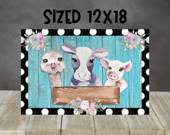Rectangle Door Hanger Farm Animal y Polka Dots Sublimation Design for 12 x 18 rectangle Blanks Digital Download PNG Cute Cow Ostrich Pig