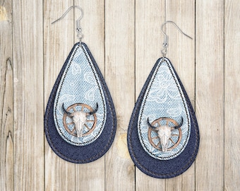 Tear Drop Earring Sublimatie Denim en Faux Leather Layered Design voor Aparecium Design Co Blanks Digital Download PNG