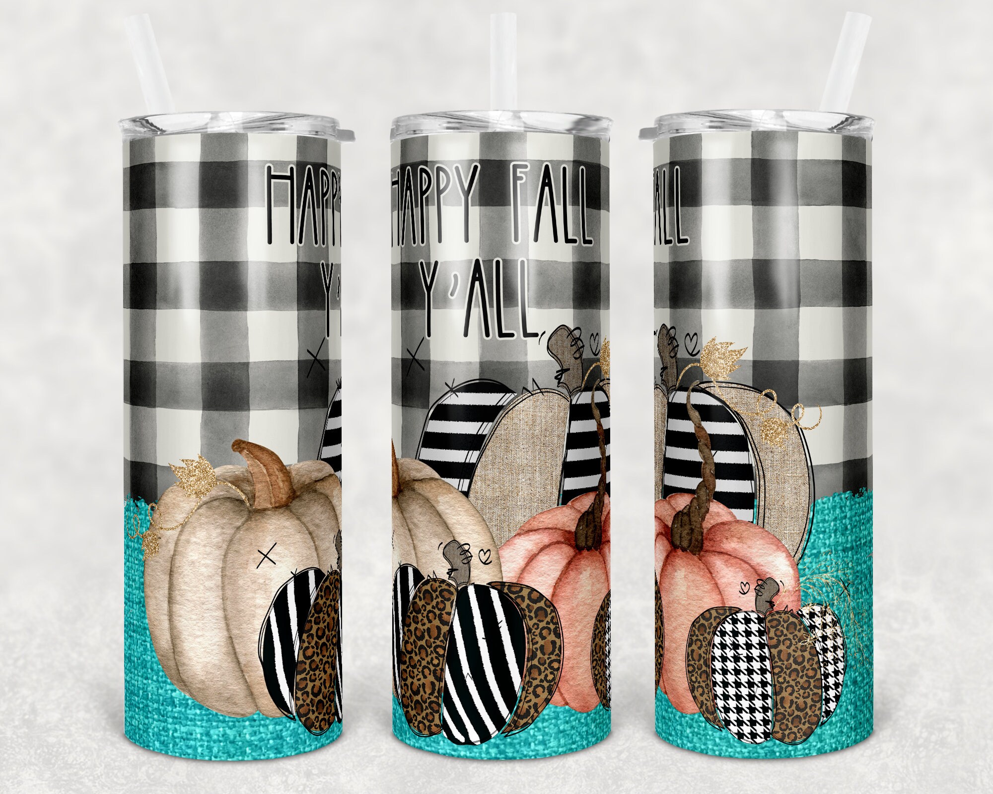 20 Oz Skinny Tumbler Pumpkin Happy Fall Y'all Leopard Teal Plaid ...