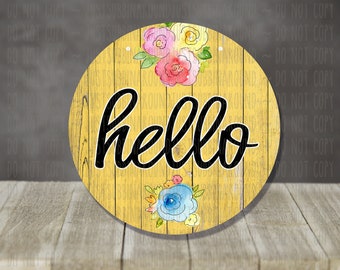 Hello Yellow Wood Floral Welcome Sign Digital Design for 12.5" Round Template Front Door Hanger from Aparecium Design Co