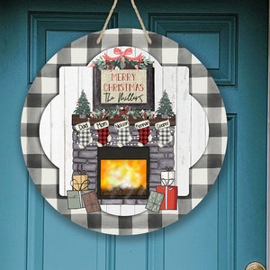 Round Door Hanger Christmas Fireplace Bundle for Personalization Black and White Plaid 12.25&quot; Round Door Hanger to fit Hardboard Blanks