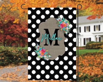 12x18 Garden Flag Sublimation Faux Burlap and Polka Dot  Wreath Monogram Plaid Sublimation Design Digital Download PNG Polka Dot Farmhouse