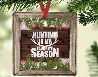 Square Christmas Ornament Faux Wood Frame Hunting Season Hunting Ornament Sublimation Design PNG for Ornament Square Sublimation Blanks