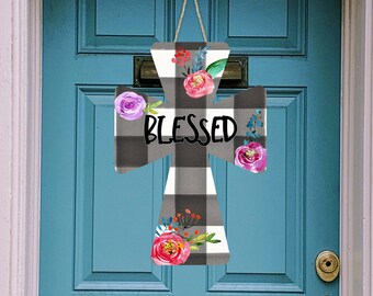 Cross Door Hanger Buffalo Plaid and Flowers Blessed Digital Sublimation Design Instnat DOwnload for Aparecium Design Co blanks Ashley Dodd