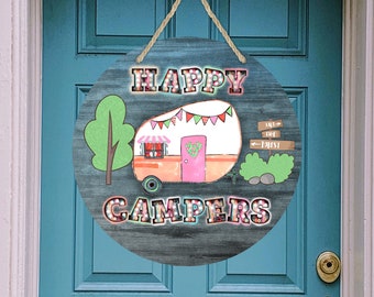 Happy Camper Door Hanger Boho Sublimation Design Marquee Letters for Round door hanger from Ashley Dodd Aparecium Design Co Retro Camper