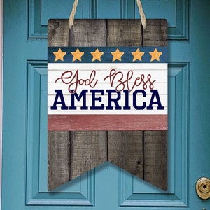 Bunting Door Hanger Americana Faux Wood Sublimation Design God Bless America for Aparecium Design Co blank Digital Download PNG