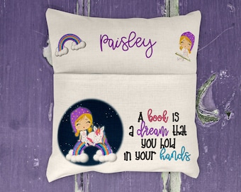 Sublimation Design for Pocket Reading Pillow Unicorn Sleepy Girl Blonde Theme I Dig Books Png Digital Download Sized for Large Pillows