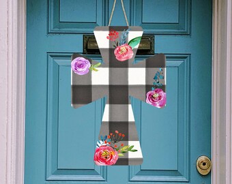 Cross Door Hanger Buffalo Plaid and Flowers Blank Digital Sublimation Design Instnat DOwnload for Aparecium Design Co blanks Ashley Dodd