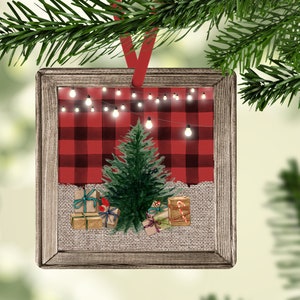 Square Christmas Ornament Faux Wood Frame Christmas Tree Plaid Presents Ornament Sublimation Design PNG Ornament Sublimation