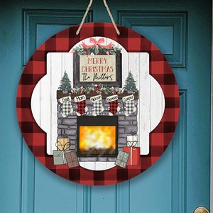 Round Door Hanger Christmas Fireplace Bundle for Personalization Black and Red Plaid 12.25&quot; Round Door Hanger to fit Hardboard Blanks