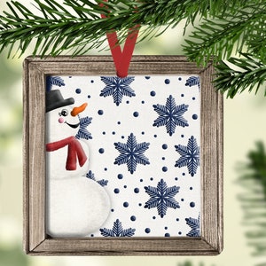 Square Christmas Ornament Faux Wood Frame Christmas Snowman Winter Snowflake Ornament Sublimation Design PNG Ornament Square Sublimation