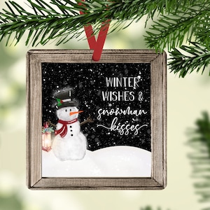 Square Christmas Ornament Faux Wood Frame Christmas Snowman Winter Wishes  Wood Ornament Sublimation Design PNG Ornament Square Sublimation