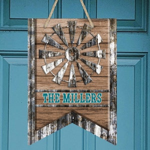 Bunting Door Hanger Farmhouse Western Faux Wood Windmill Sublimation Design pour Aparecium Design Co blank Digital Download PNG