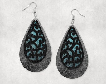 Tear Drop Earring Teal Glitter and Black Vine Design for Aparecium Design Co Blanks Lg Tear size down for sm or med PNG Digital Design