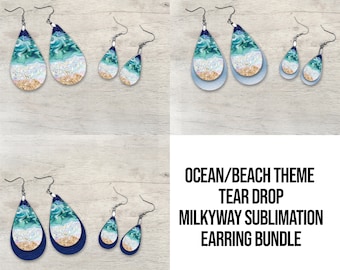 Tear Drop Earring Sublimation Faux Leather and Glitter Milkyway Ocean Beach Layered Design Aparecium Design Co Blanks Digital Download PNG