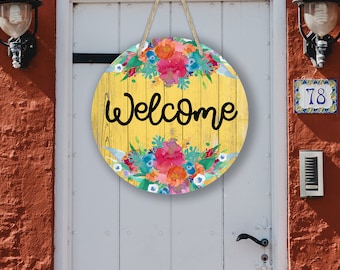 Round Sublimation Door Hanger Yellow Welcome with Bright Flowers for 12 inch round Circle Door Hanger Blank Digital Download PNG