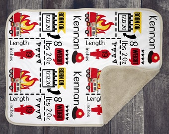 Baby Blanket Sublimation Plantilla PNG y Photoshop para reemplazar text Fire Truck Theme 13x19 panel con estadísticas de nacimiento
