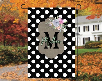 12x18 Garden Flag Sublimation Faux Burlap and Polka Dot  Wreath Monogram Plaid Sublimation Design Digital Download PNG Polka Dot Farmhouse