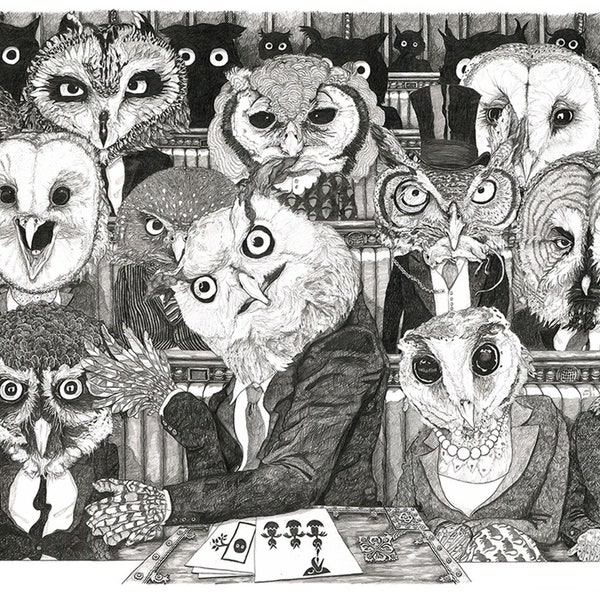 Parliament Of Owls. High quality digital Giclee print from A1 pencil drawing.