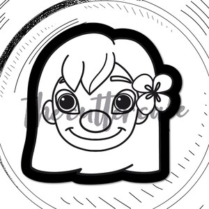Peut inclure: Emporte-pièce noir et blanc représentant le visage d'une jeune fille de dessin animé, orné d'une fleur. Le découpoir est posé sur une assiette blanche, avec le texte "island girl" en dessous.