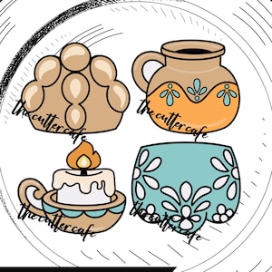 May include: A circular graphic design titled ofrenda offerings by the cutter cafe freshly brewed designs. It features four illustrations: a tan pan de muerto, a tan and orange mug, a candle in a tan holder, and a light blue floral patterned mug.