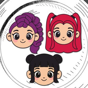 May include: Three cartoon girl faces with different hairstyles: purple updo, red pigtails, and black space buns. The faces are on a white plate with the words "girl band" at the bottom. The Cutter Cafe logo is in the top right corner.