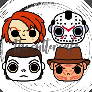 May include: A circular design featuring four cartoon horror characters: Chucky, Jason Voorhees, Michael Myers, and Freddy Krueger. The design includes the text "horror crew 1" and "the cutter cafe FRESHLY BREWED DESIGNS".