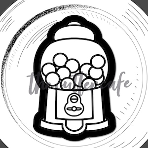 May include: A black and white gumball machine cookie cutter. The cutter is in the shape of a classic gumball machine with a round top, a glass globe filled with gumballs, and a coin slot. The words "gumball machine" are at the bottom.