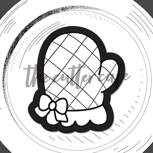 Può includere: Tagliabiscotti in bianco e nero a forma di guanto da forno con fiocco e motivo a rombi. Il testo "oven mitt 2" è in basso. Il logo The Cutter Cafe è in alto a destra.